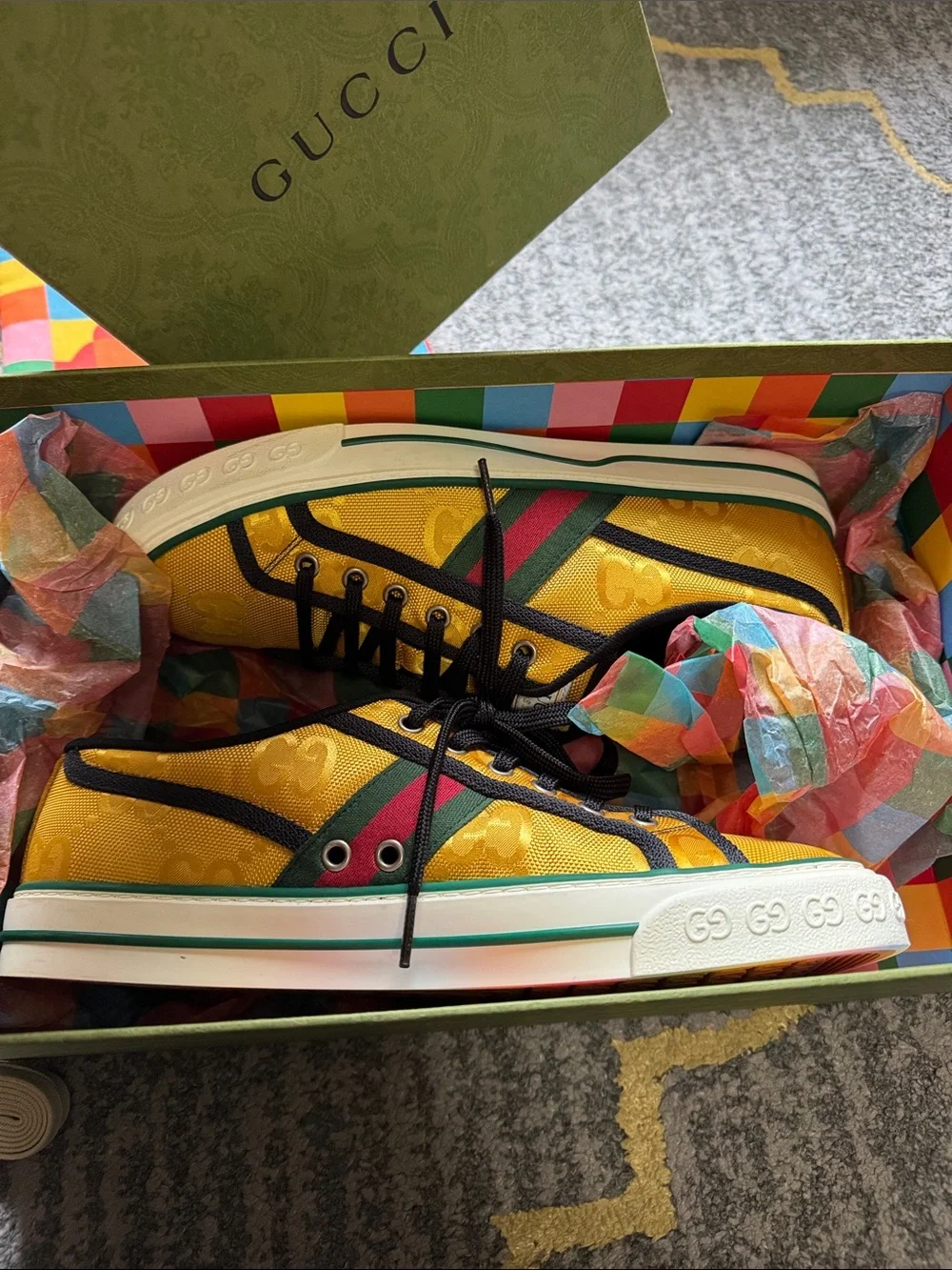 Mens Gucci Yellow Canvas Sneakers with Green and Red Web Stripe and Black Trim